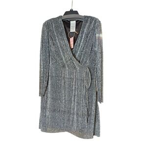 Serra Ladies Metallic Pleated Dress Silver Long Sleeve Wrap V-Neck Size L NWT